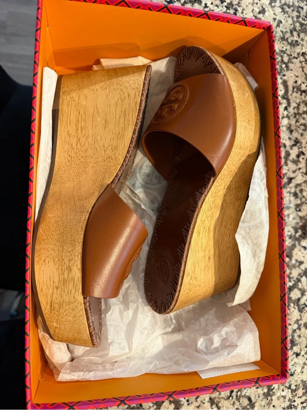 Tory Burch Tan Leather Logo Slide Mules